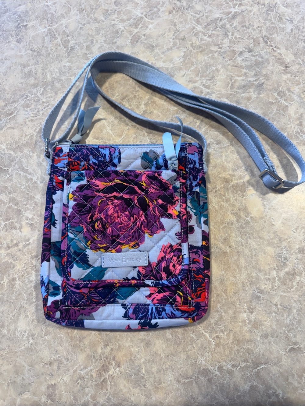 Vera Bradley Purple Floral Quilted Crossbody with Gray Strap